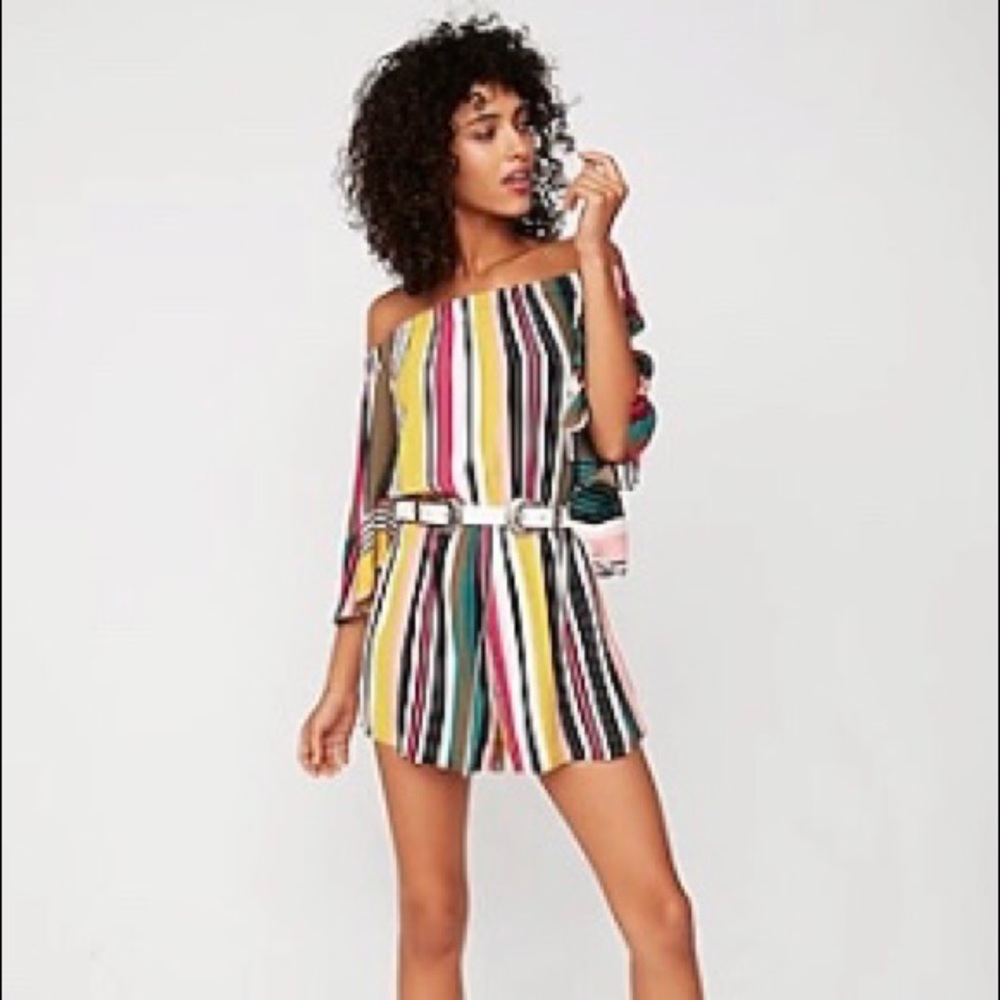 Striped Off Shoulder Bell Sleeve Romper